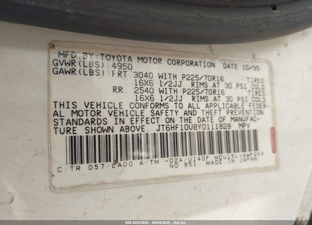 2000 LEXUS RX 300 VIN: JT6HF10U8Y0111828