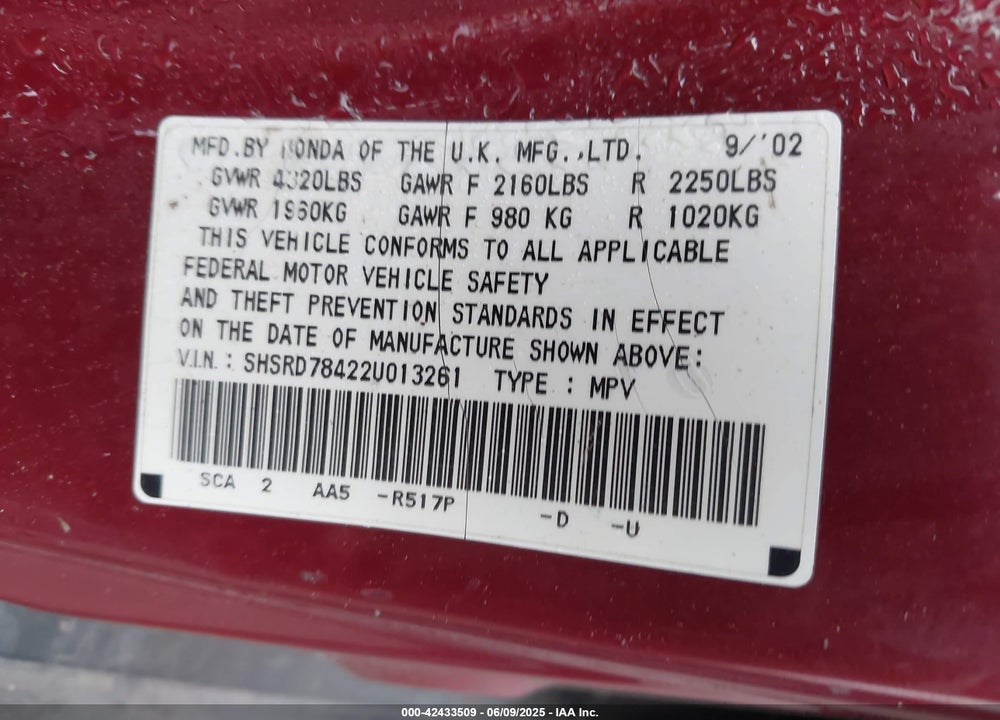 2002 HONDA CR-V LX VIN: SHSRD78422U013261