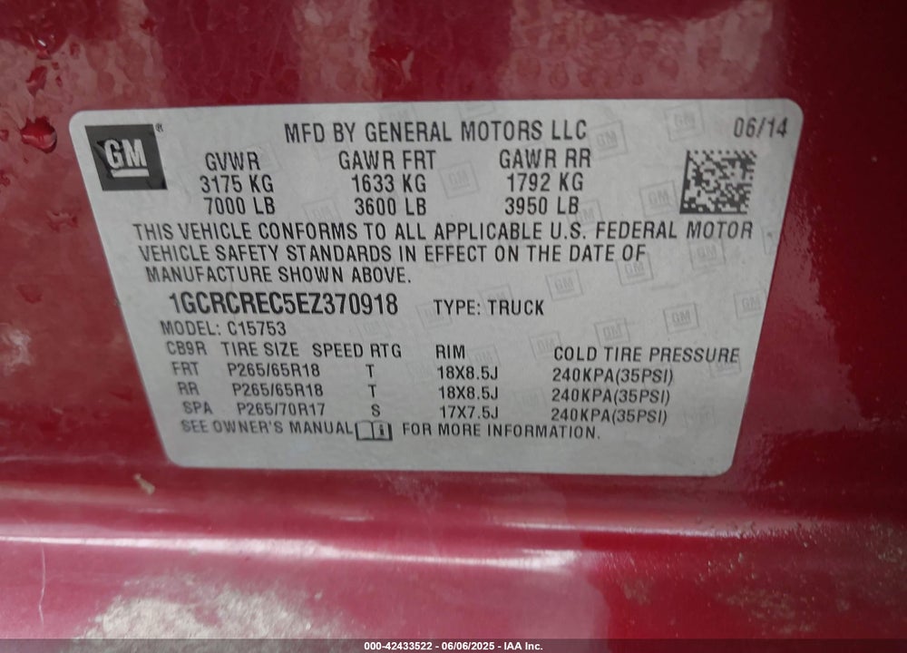 2014 CHEVROLET SILVERADO 1500 VIN: 1GCRCREC5EZ370918