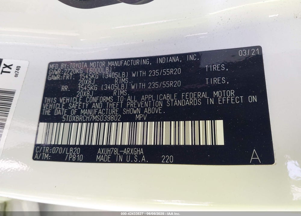 2021 TOYOTA HIGHLANDER VIN: 5TDXBRCH7MS039802