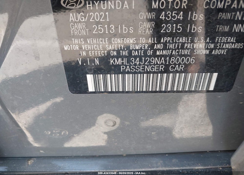 2022 HYUNDAI SONATA VIN: KMHL34J29NA180006