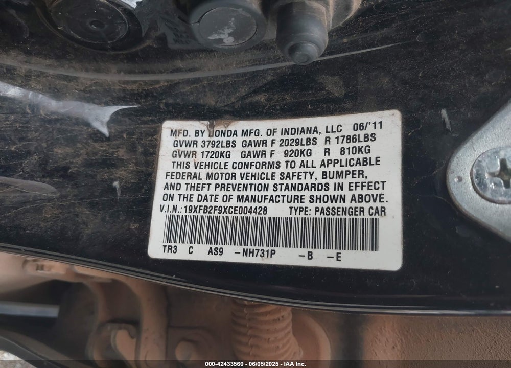 2012 HONDA CIVIC VIN: 19XFB2F9XCE004428