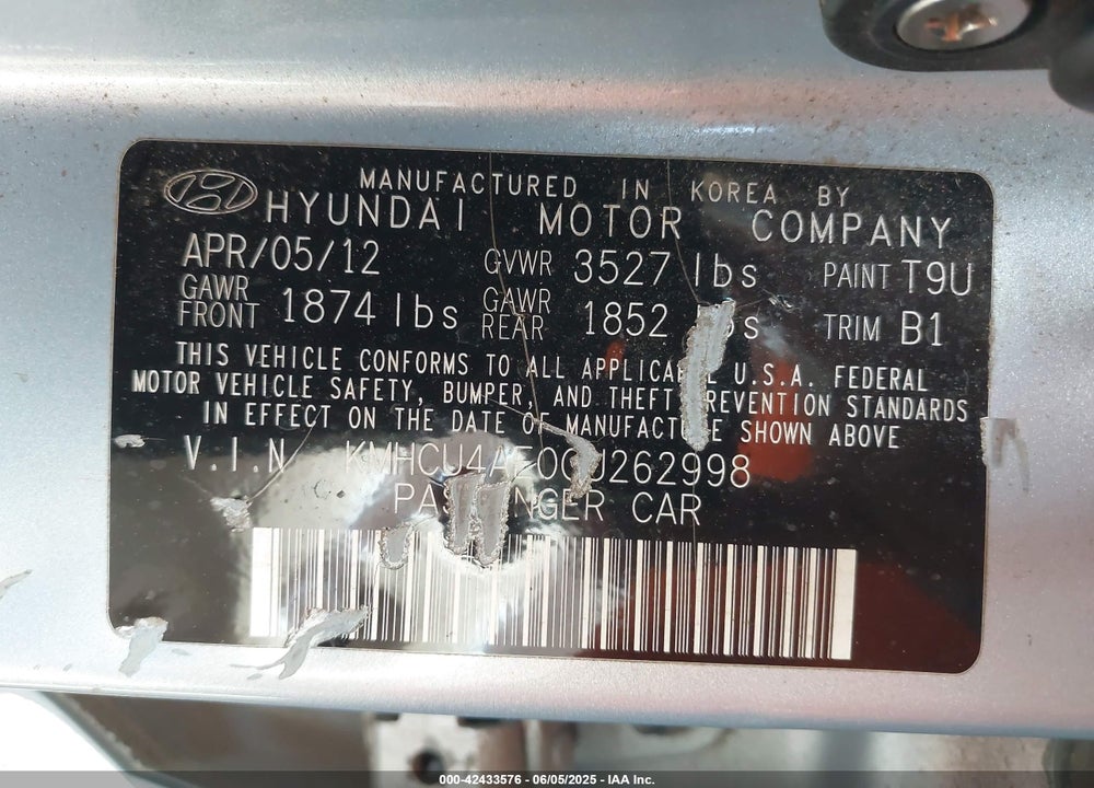 2012 HYUNDAI ACCENT GLS VIN: KMHCU4AE0CU262998
