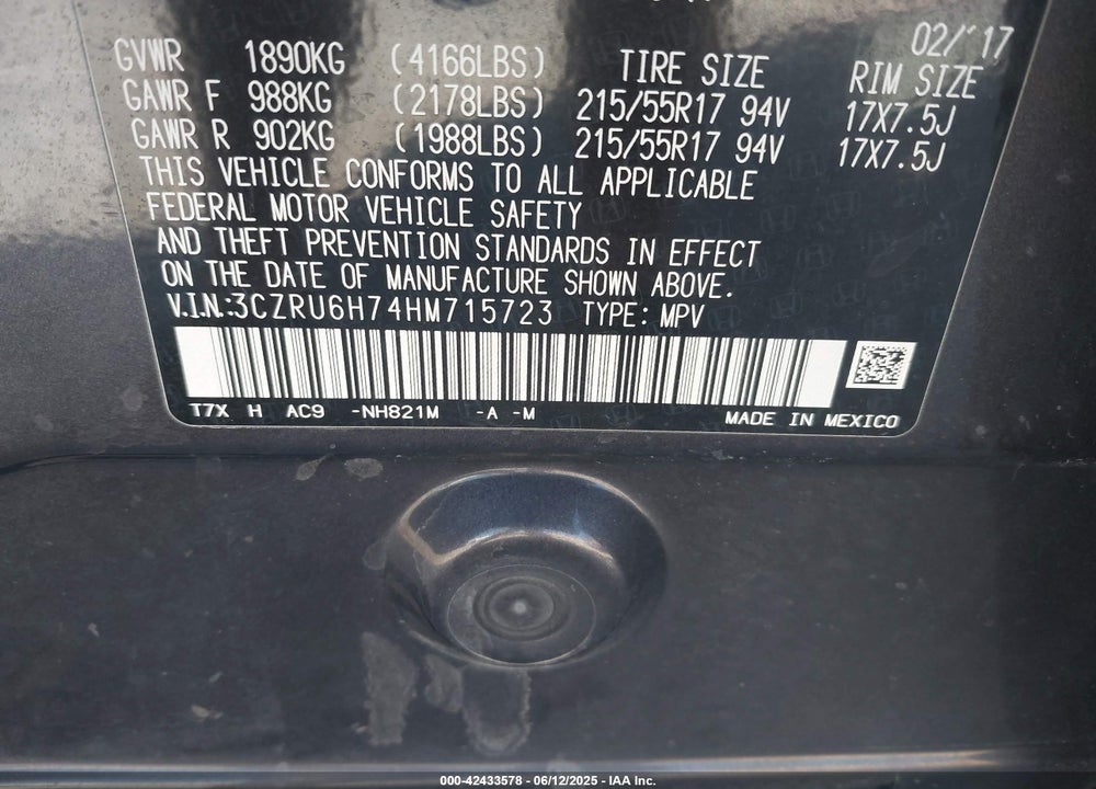 2017 HONDA HR-V EX-L VIN: 3CZRU6H74HM715723