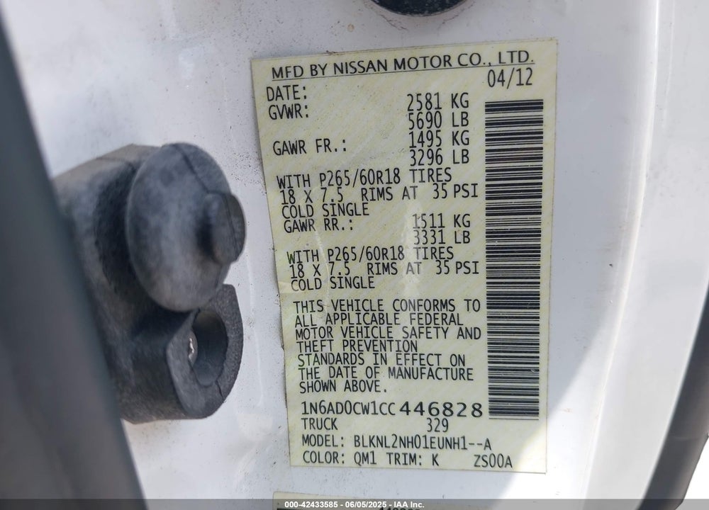 2012 NISSAN FRONTIER SV VIN: 1N6AD0CW1CC446828