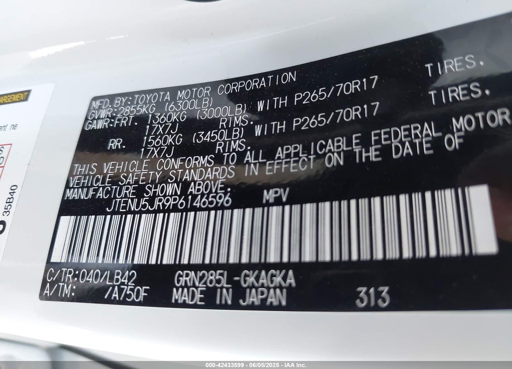 2023 TOYOTA 4RUNNER VIN: JTENU5JR9P6146596