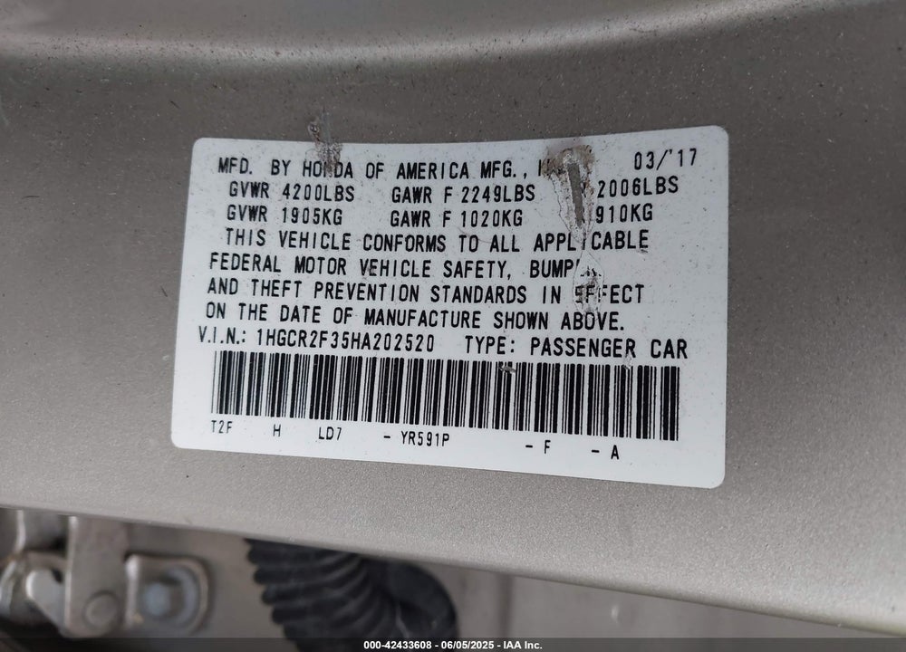 2017 HONDA ACCORD LX VIN: 1HGCR2F35HA202520