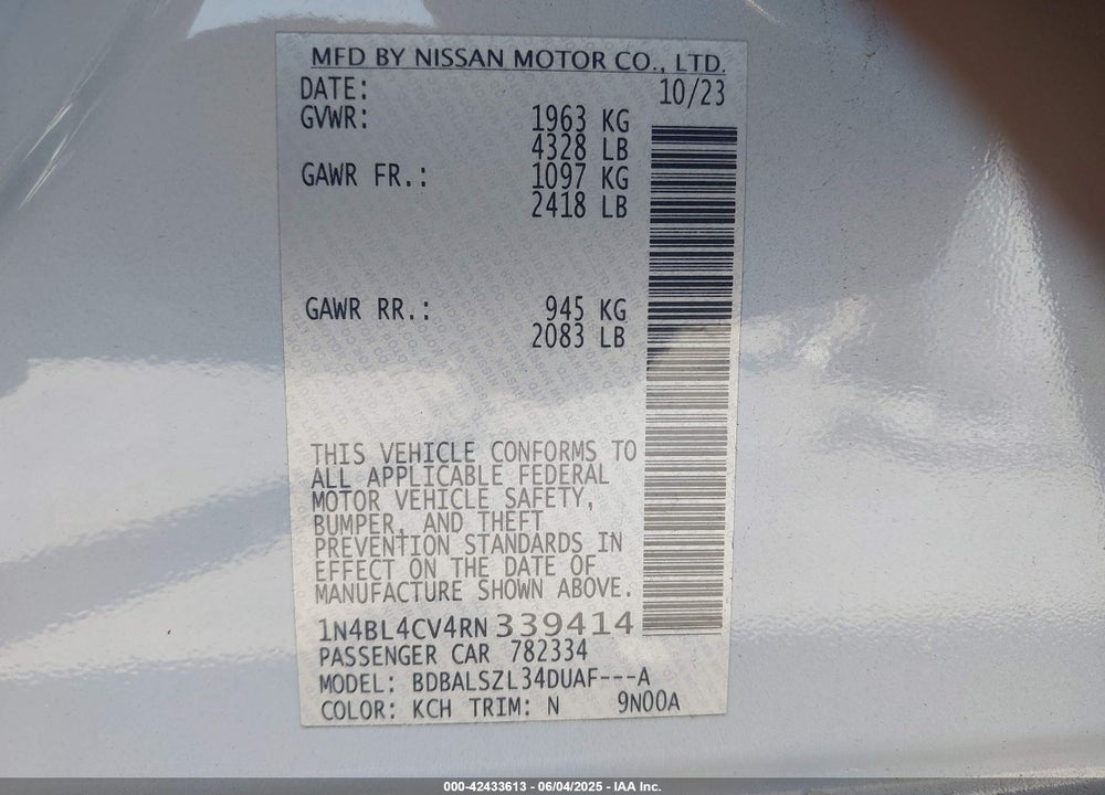 2024 NISSAN ALTIMA VIN: 1N4BL4CV4RN339414
