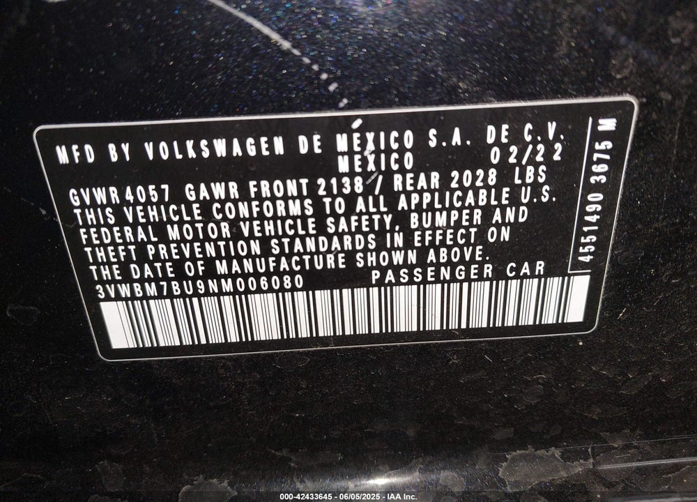 2022 VOLKSWAGEN JETTA VIN: 3VWBM7BU9NM006080