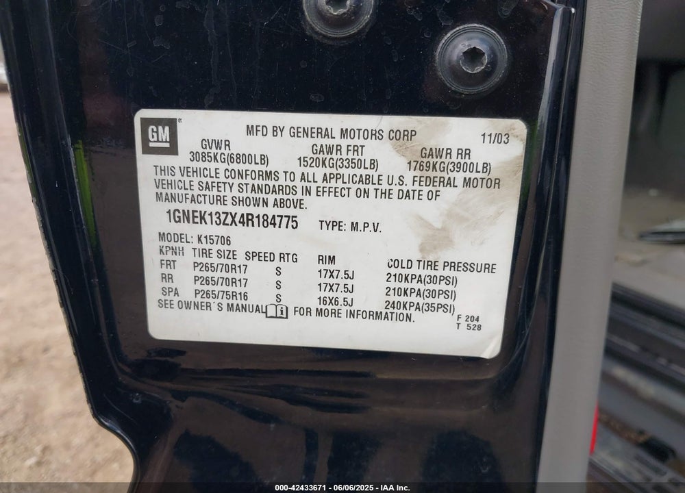 2004 CHEVROLET TAHOE Z71 VIN: 1GNEK13ZX4R184775