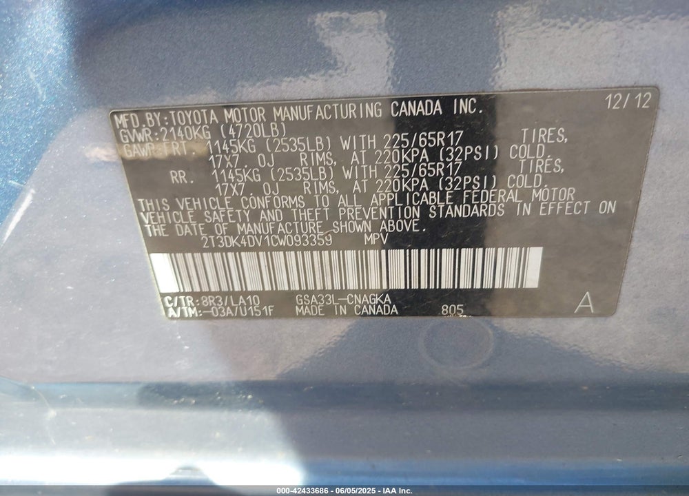 2012 TOYOTA RAV4 LIMITED V6 VIN: 2T3DK4DV1CW093359