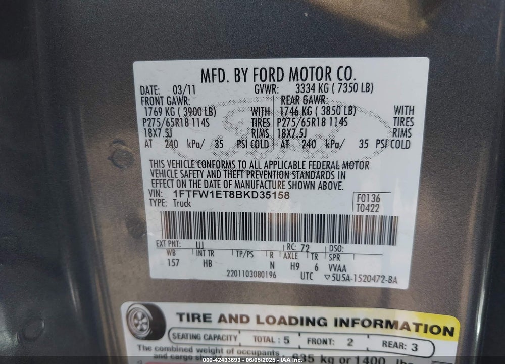2011 FORD F-150 LARIAT VIN: 1FTFW1ET8BKD35158