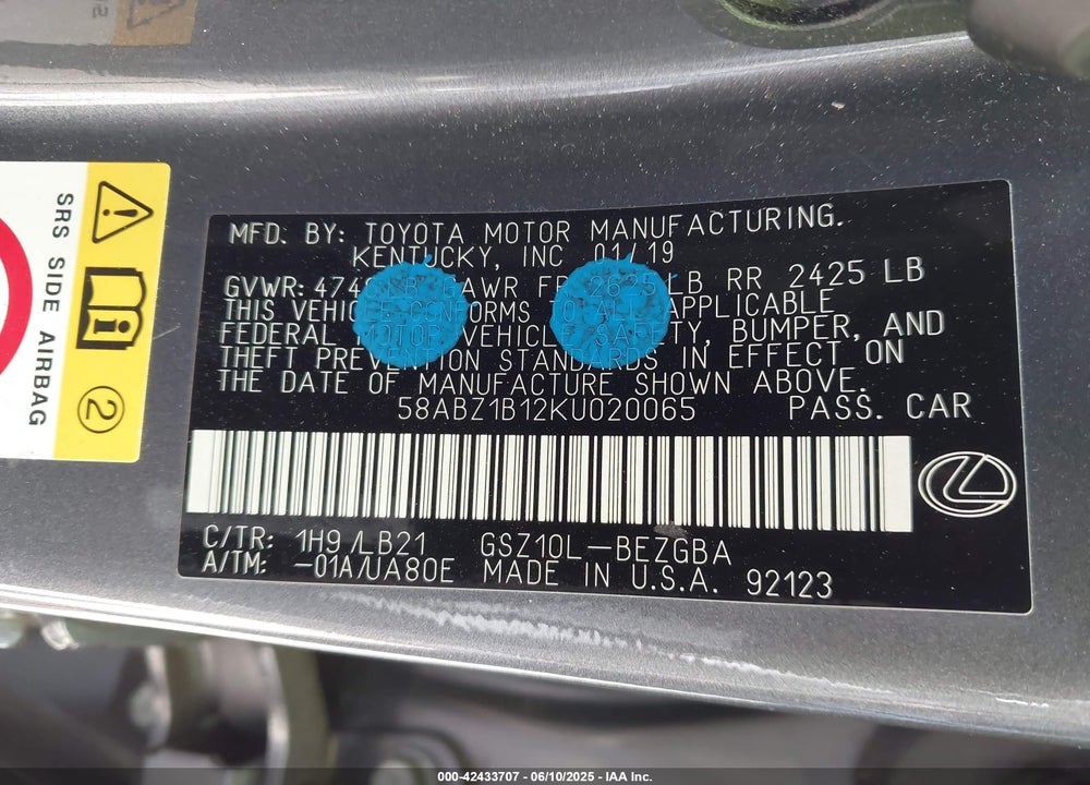 2019 LEXUS ES350 VIN: 58ABZ1B12KU020065