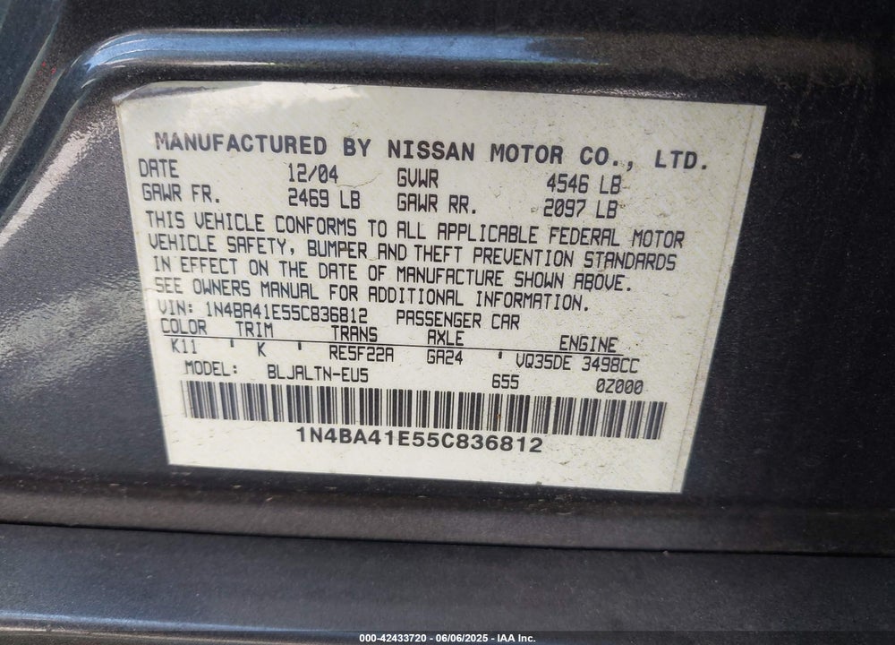 2005 NISSAN MAXIMA VIN: 1N4BA41E55C836812
