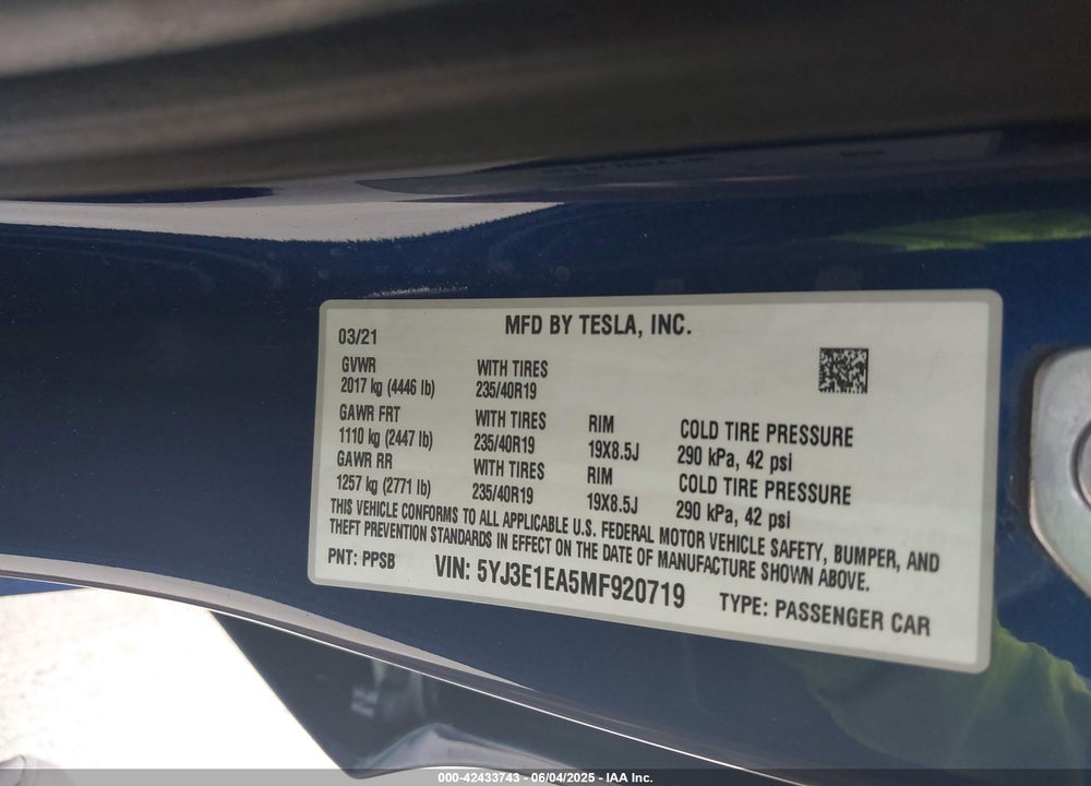 2021 TESLA MODEL 3 VIN: 5YJ3E1EA5MF920719
