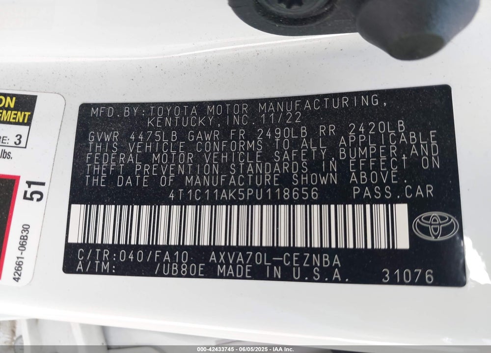 2023 TOYOTA CAMRY VIN: 4T1C11AK5PU118656