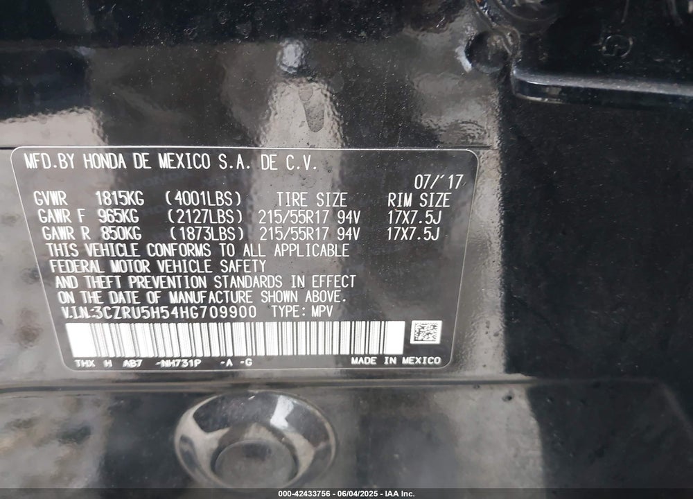 2017 HONDA HR-V VIN: 3CZRU5H54HG709900