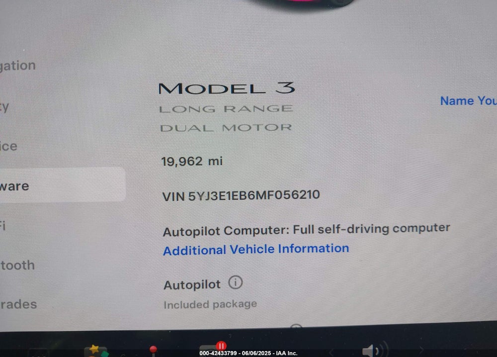 2021 TESLA MODEL 3 VIN: 5YJ3E1EB6MF056210