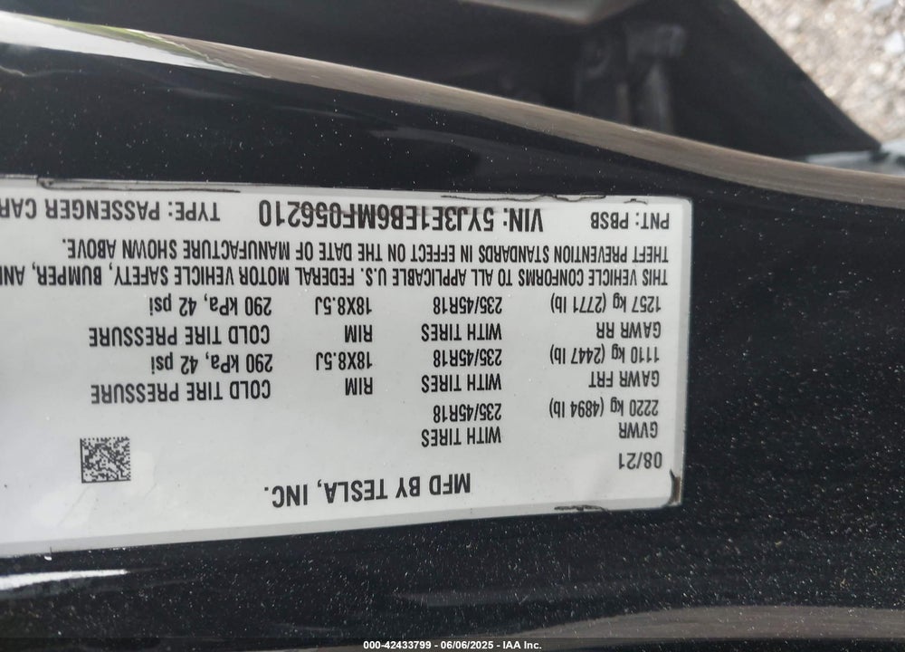 2021 TESLA MODEL 3 VIN: 5YJ3E1EB6MF056210