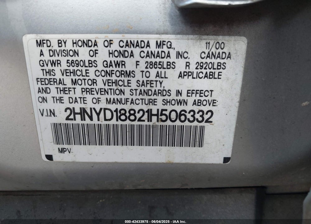 2001 ACURA MDX VIN: 2HNYD18821H506332