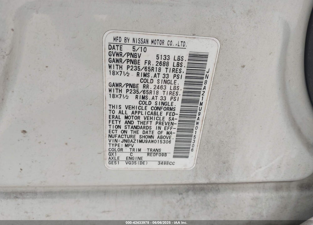 2010 NISSAN MURANO VIN: JN8AZ1MU9AW015306