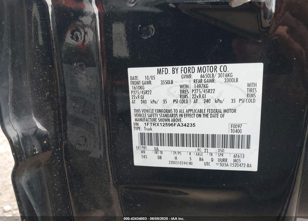 2006 FORD F-150 LARIAT/XL/XLT VIN: 1FTRX12596FA34235