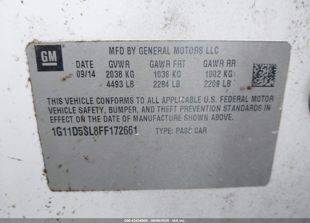 2015 CHEVROLET MALIBU VIN: 1G11D5SL8FF172661