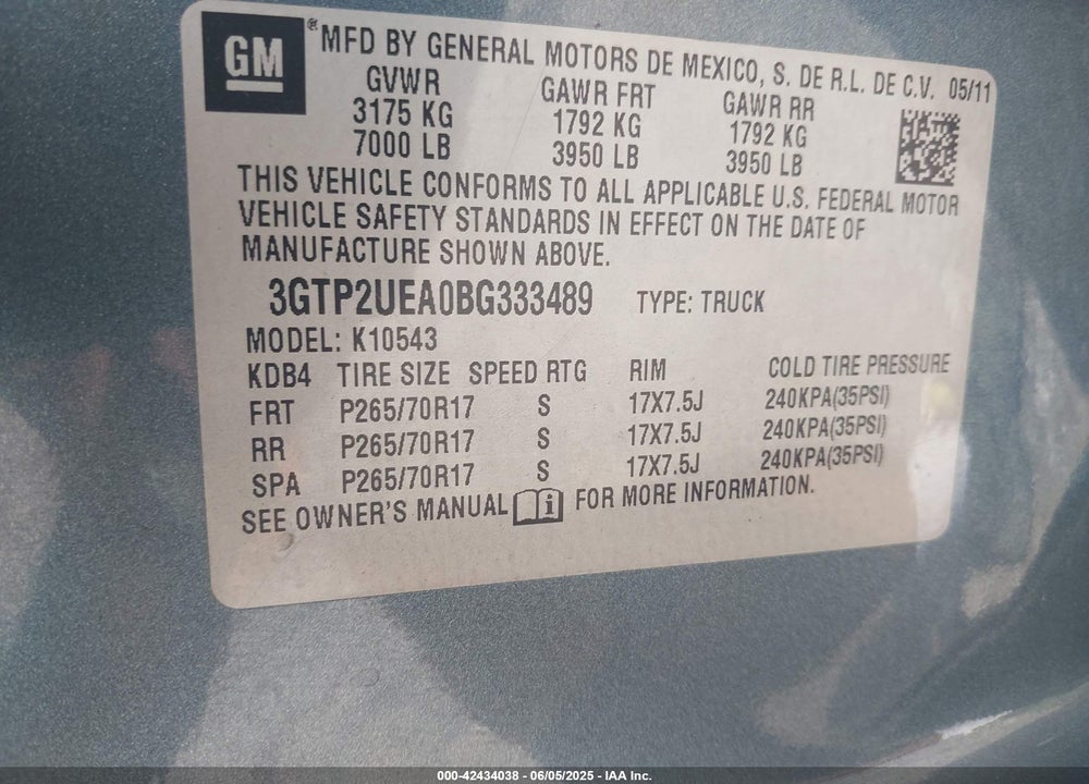 2011 GMC SIERRA 1500 VIN: 3GTP2UEA0BG333489