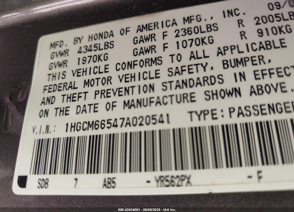 2007 HONDA ACCORD SDN VIN: 1HGCM66547A020541