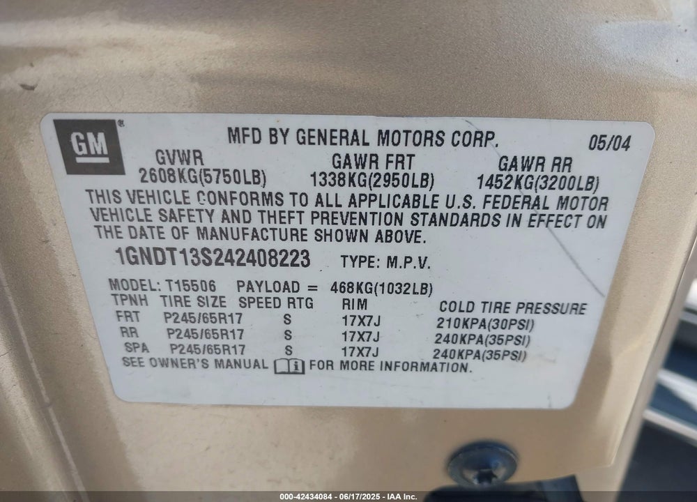2004 CHEVROLET TRAILBLAZER LT VIN: 1GNDT13S242408223