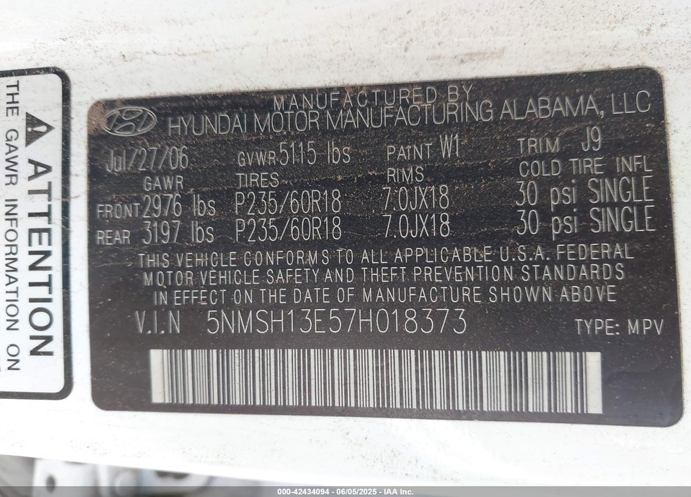 2007 HYUNDAI SANTA FE VIN: 5NMSH13E57H018373