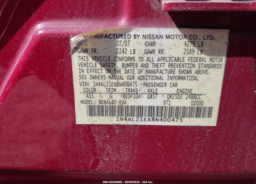 2008 NISSAN ALTIMA 2.5 S VIN: 1N4AL21EX8N400475