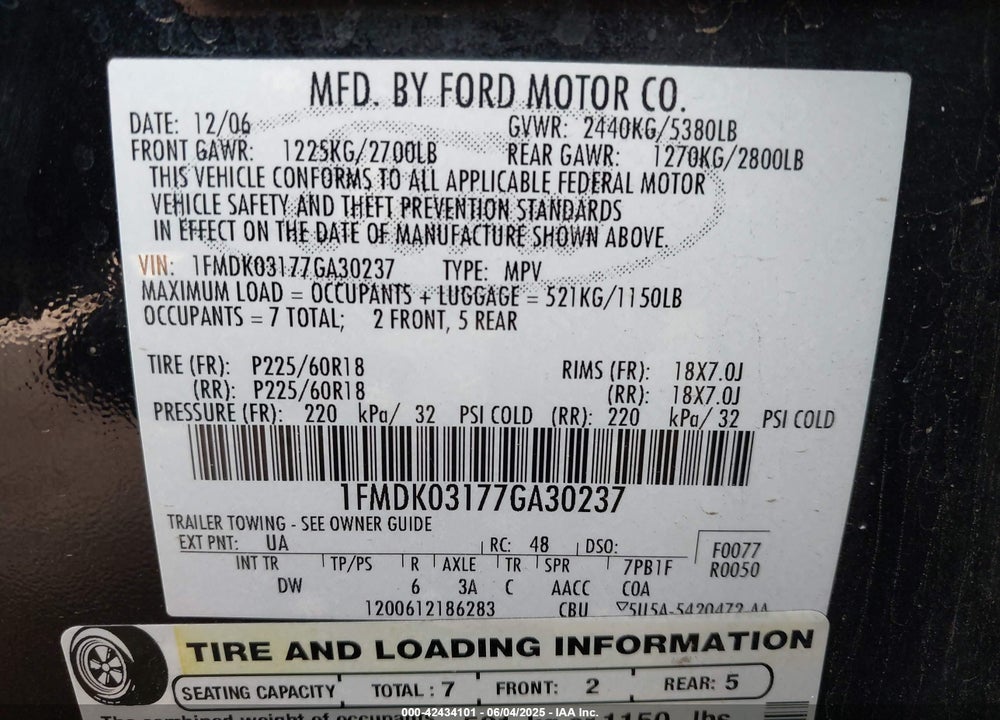 2007 FORD FREESTYLE LIMITED VIN: 1FMDK03177GA30237