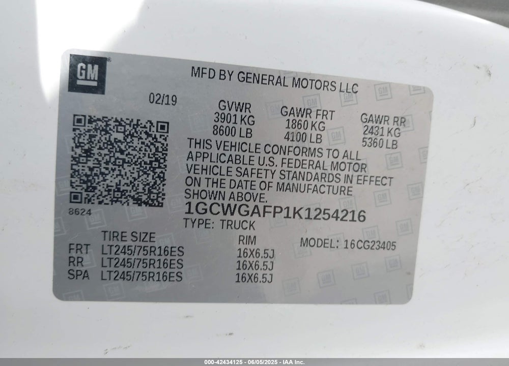 2019 CHEVROLET EXPRESS 2500 WORK VAN VIN: 1GCWGAFP1K1254216