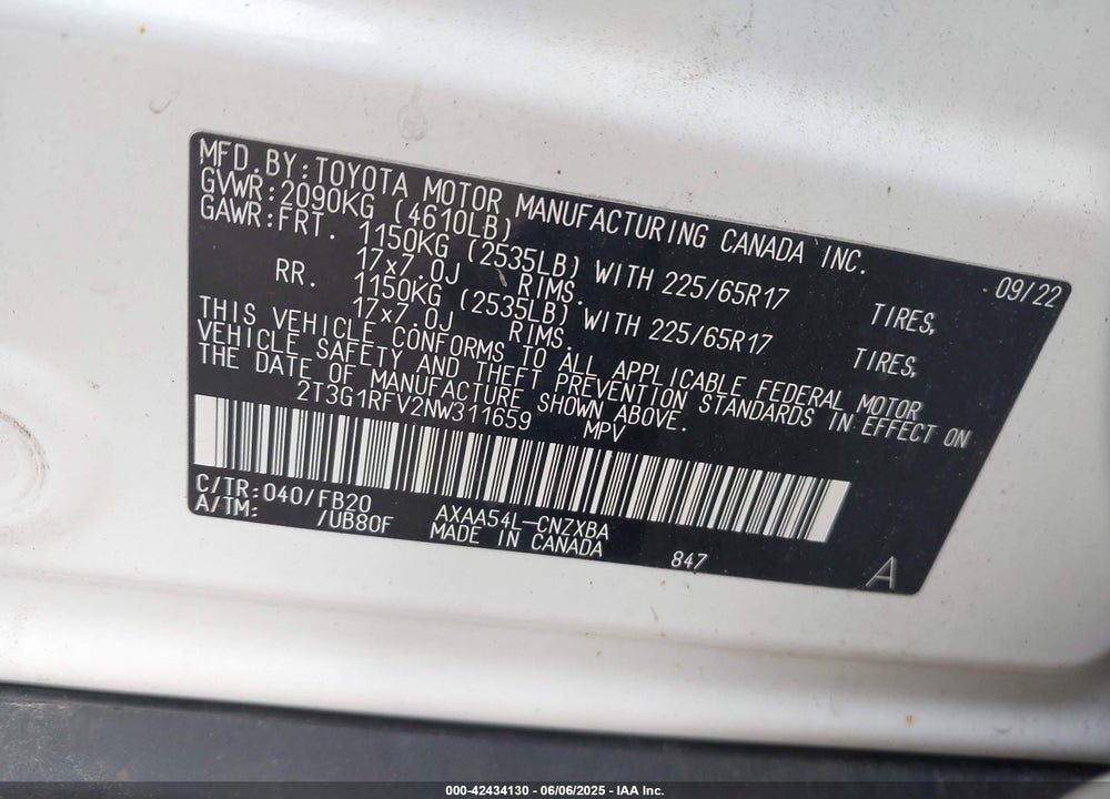 2022 TOYOTA RAV4 VIN: 2T3G1RFV2NW311659