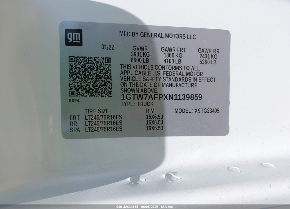 2022 GMC SAVANA CARGO RWD 2500 REGULAR WHEELBASE WORK VAN VIN: 1GTW7AFPXN1139859