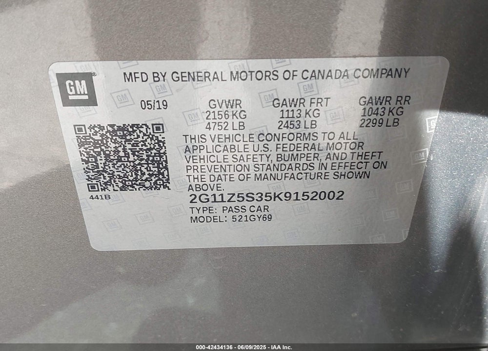 2019 CHEVROLET IMPALA VIN: 2G11Z5S35K9152002