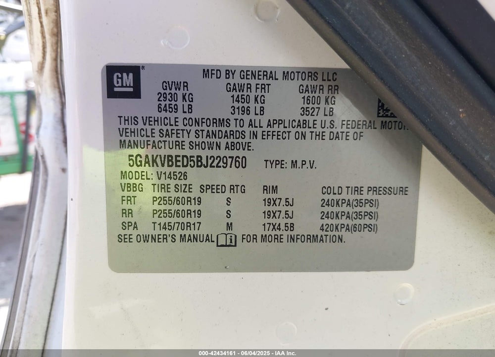 2011 BUICK ENCLAVE VIN: 5GAKVBED5BJ229760