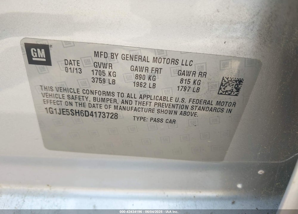 2013 CHEVROLET SONIC VIN: 1G1JE5SH6D4173728