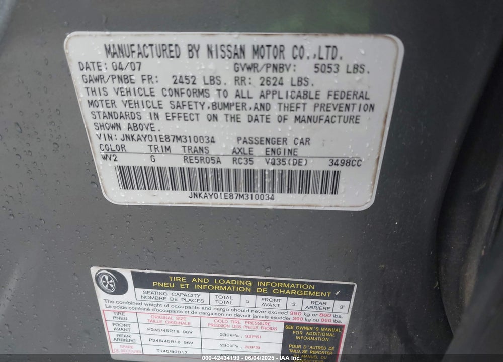2007 INFINITI M35 VIN: JNKAY01E87M310034