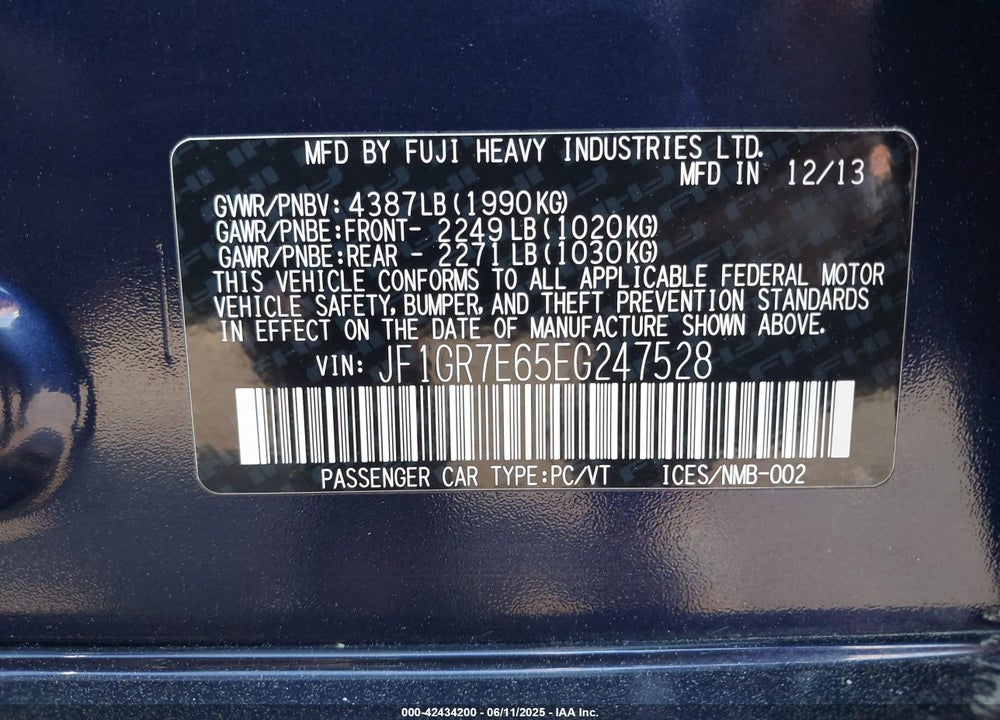 2014 SUBARU IMPREZA WRX VIN: JF1GR7E65EG247528