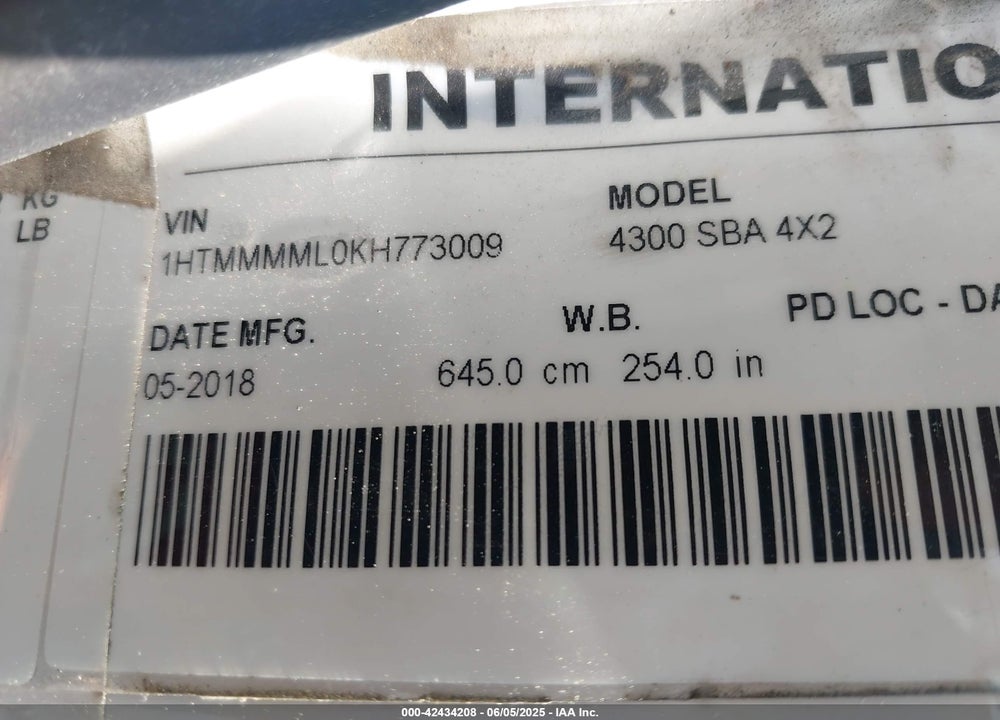 2019 INTERNATIONAL DURASTAR 4300 VIN: 1HTMMMML0KH773009