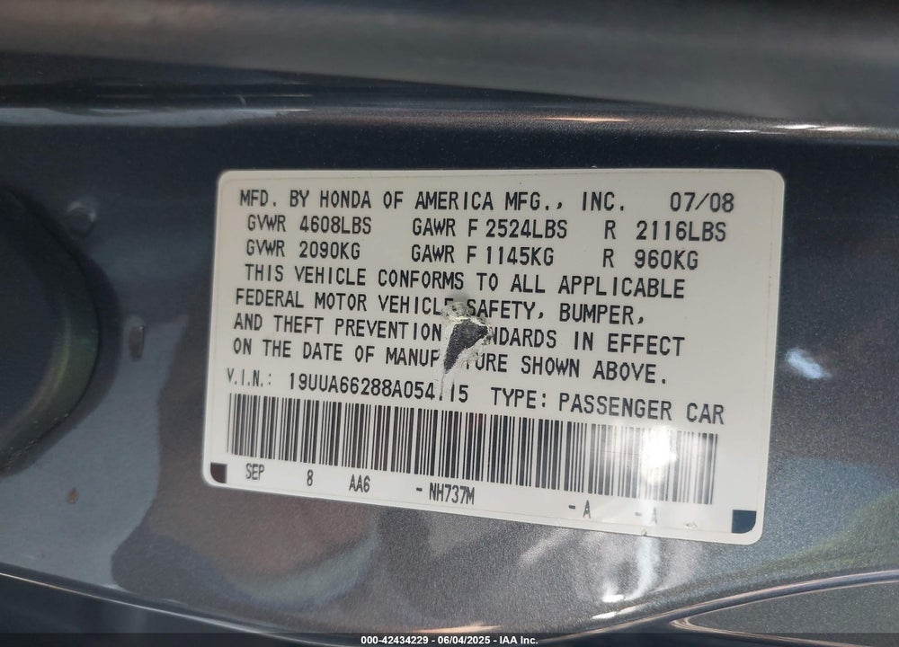 2008 ACURA TL VIN: 19UUA66288A054115