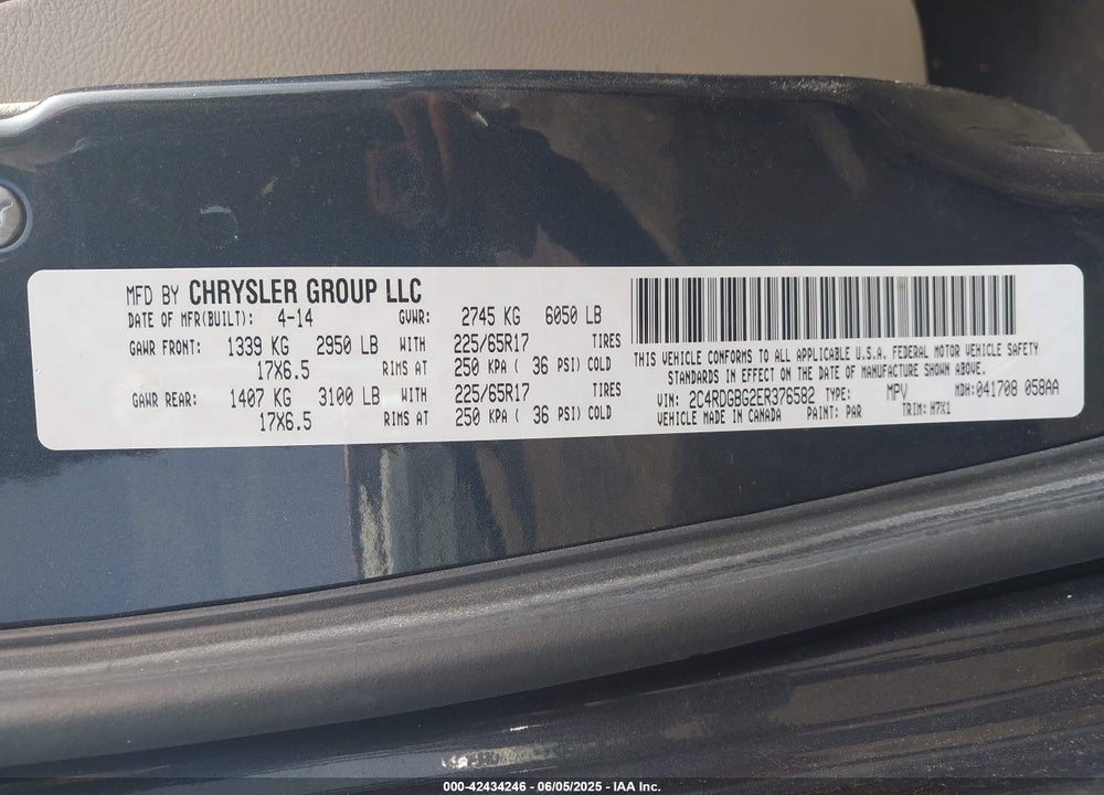 2014 DODGE GRAND CARAVAN AMERICAN VALUE PKG VIN: 2C4RDGBG2ER376582