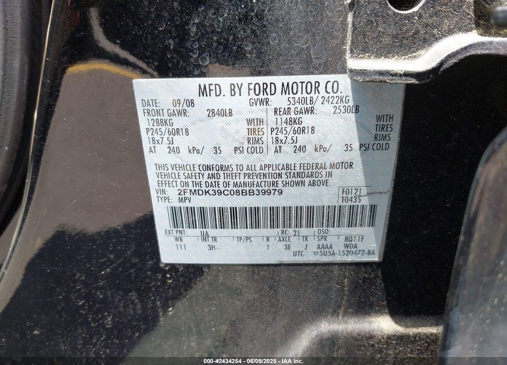 2008 FORD EDGE LIMITED VIN: 2FMDK39C08BB39979