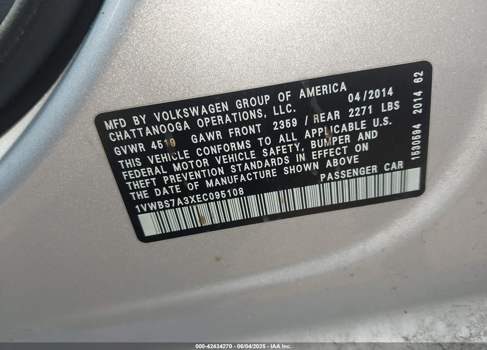 2014 VOLKSWAGEN PASSAT VIN: 1VWBS7A3XEC095108