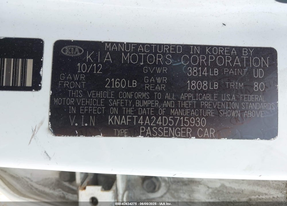 2013 KIA FORTE LX VIN: KNAFT4A24D5715930