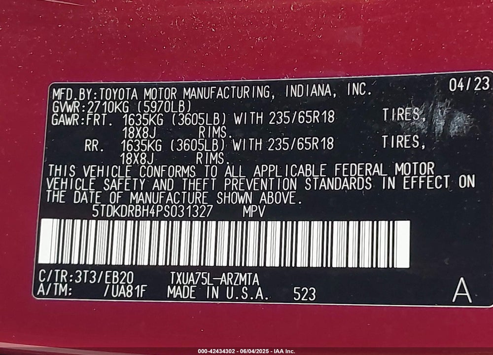 2023 TOYOTA HIGHLANDER VIN: 5TDKDRBH4PS031327