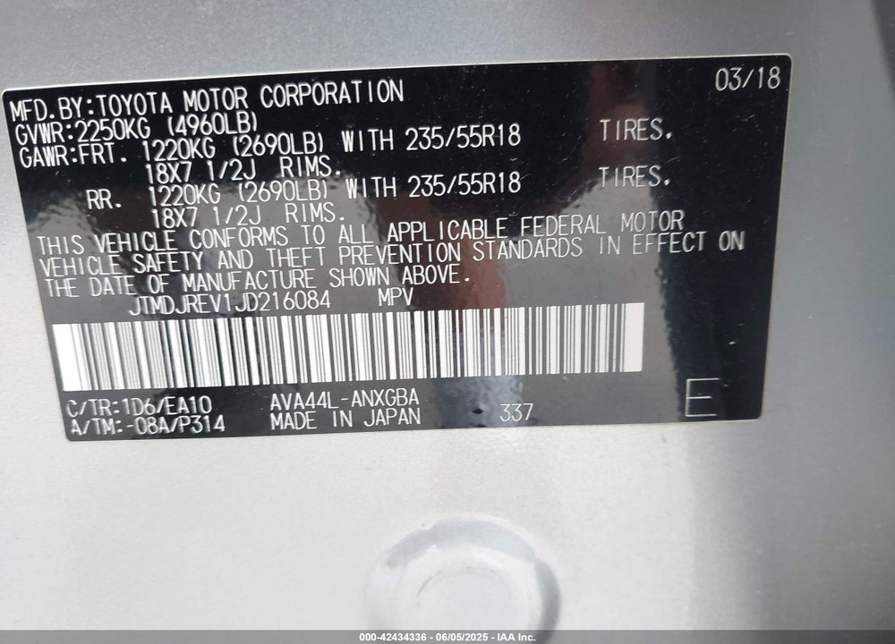2018 TOYOTA RAV4 HYBRID VIN: JTMDJREV1JD216084