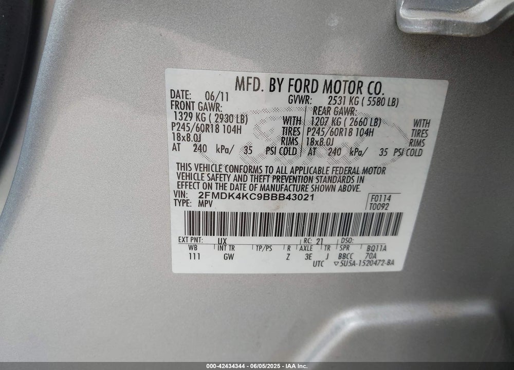 2011 FORD EDGE VIN: 2FMDK4KC9BBB43021